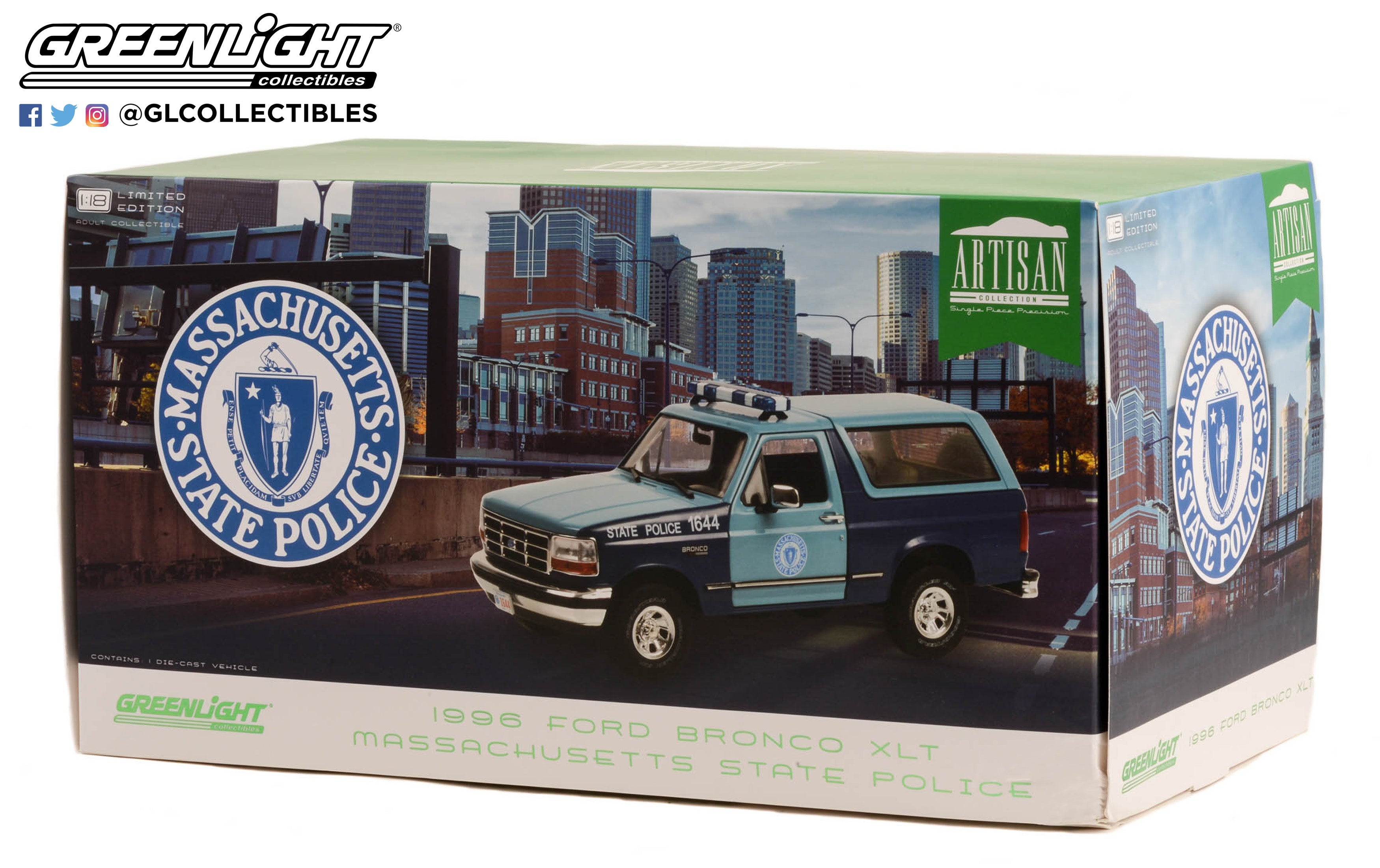 GreenLight 1:18 Artisan Collection - 1996 Ford Bronco XLT - Massachusetts State Police 19120