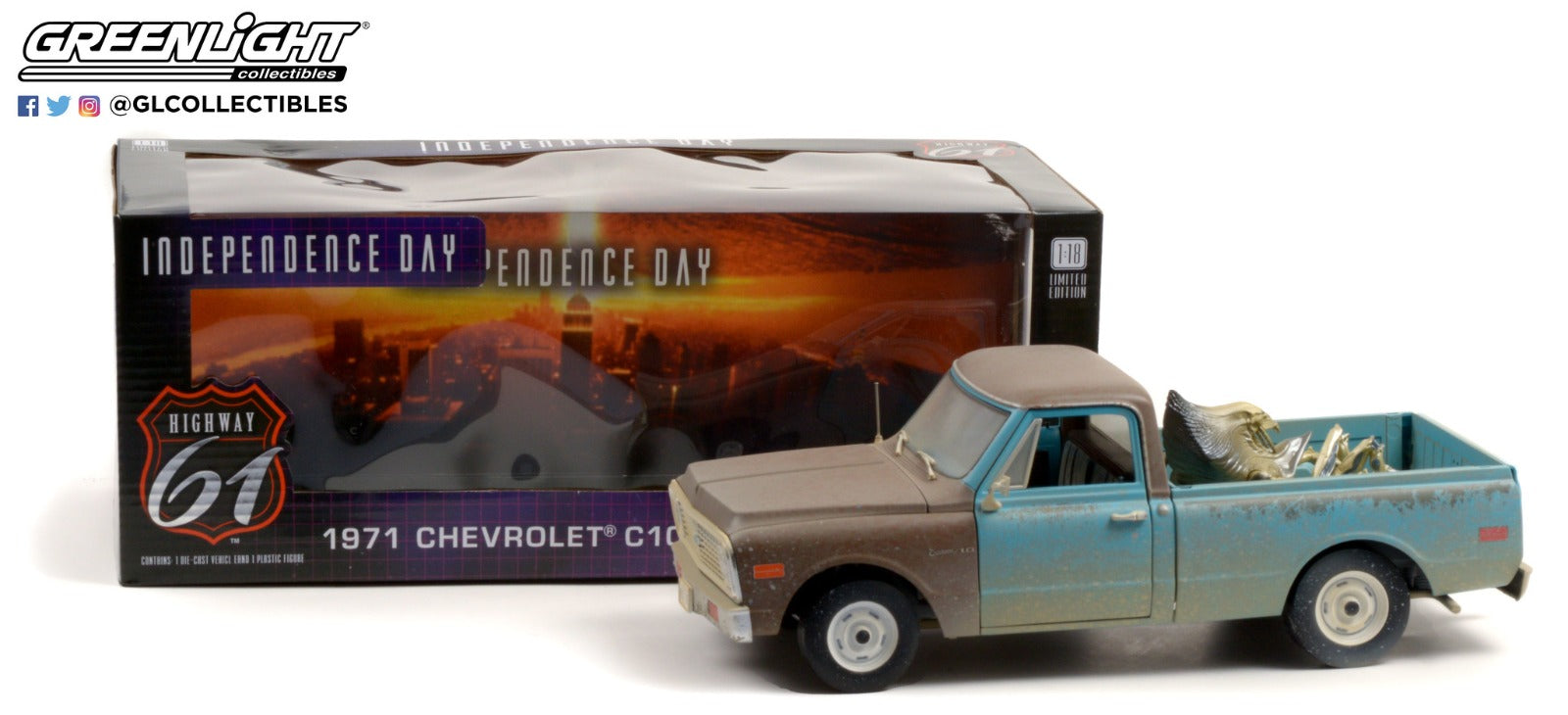 Highway 61 1:18 Independence Day (1996) - 1971 Chevrolet C-10 with Alien Figure HWY-18021