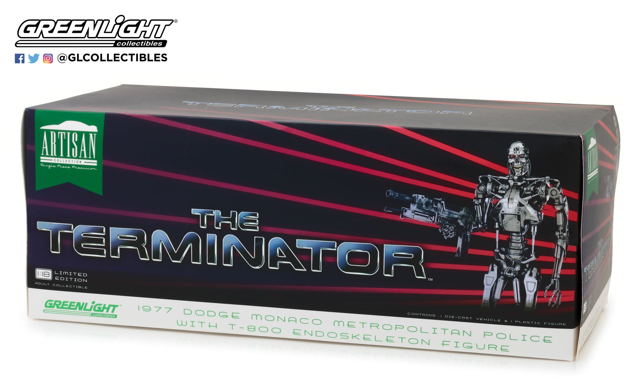 GreenLight 1:18 Artisan Collection - The Terminator (1984) - 1977 Dodge Monaco Metropolitan Police with T-800 Endoskeleton Figure 19042