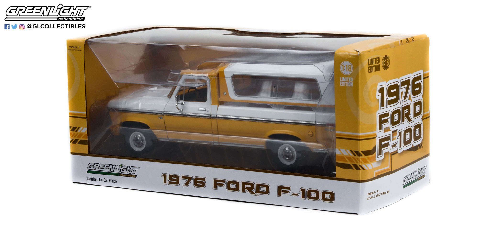 GreenLight 1:18 1976 Ford F-100 - Chrome Yellow with Wimbledon White Combination Tu-Tone and Deluxe Box Cover 13621