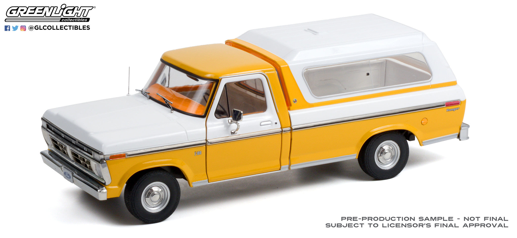 GreenLight 1:18 1976 Ford F-100 - Chrome Yellow with Wimbledon White Combination Tu-Tone and Deluxe Box Cover 13621