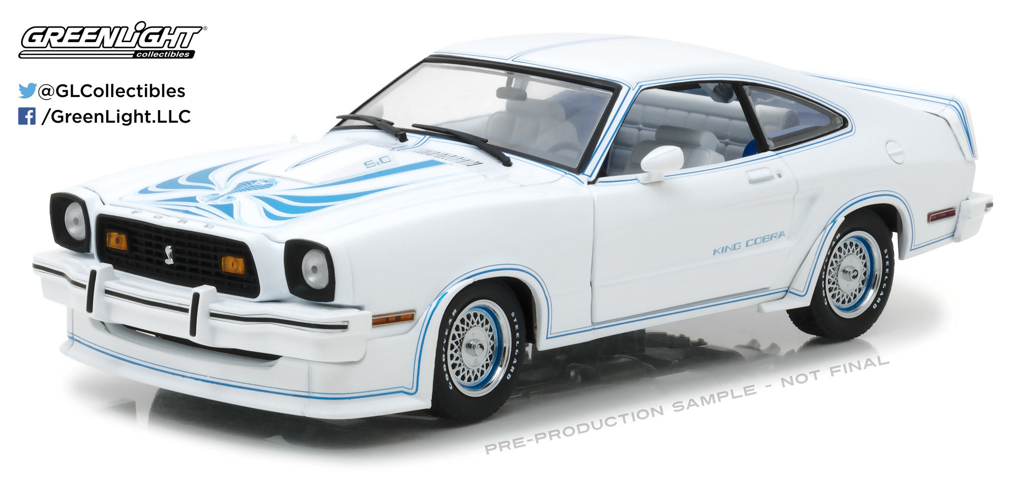 GreenLight 1:18 1978 Ford Mustang II King Cobra - White and Blue 13508