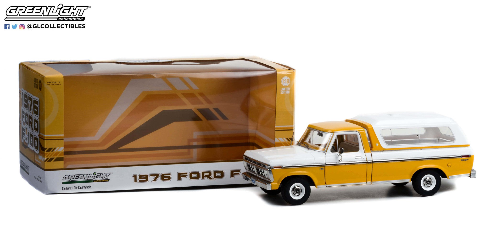 GreenLight 1:18 1976 Ford F-100 - Chrome Yellow with Wimbledon White Combination Tu-Tone and Deluxe Box Cover 13621