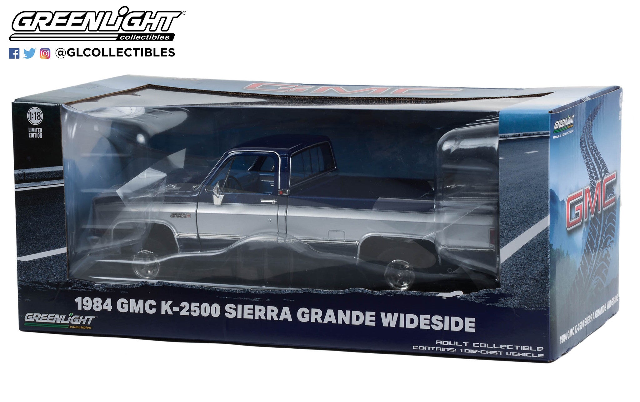 GreenLight 1:18 1984 GMC K-2500 Sierra Grande Wideside - Dark Blue Metallic and Silver 13659