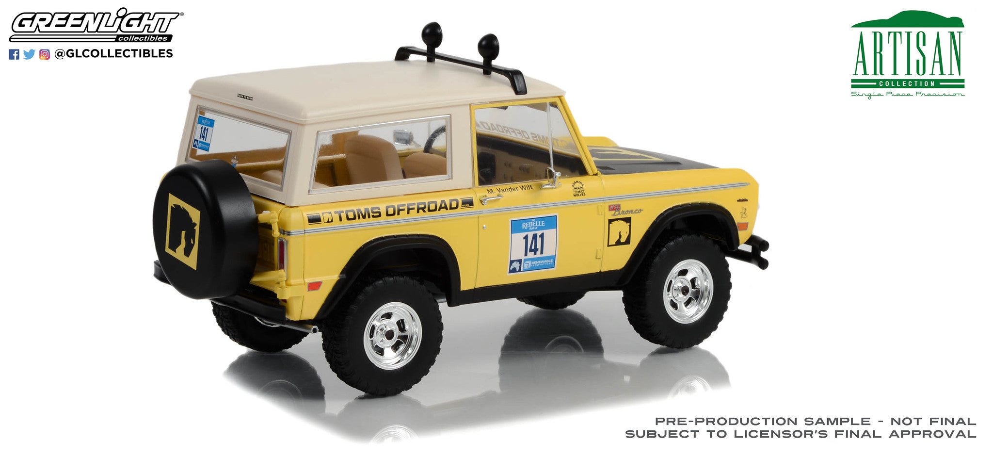 GreenLight 1:18 Artisan Collection - 1969 Ford Bronco #141 Rebelle Rally - Toms Offroad, Roaming Wolves 19131