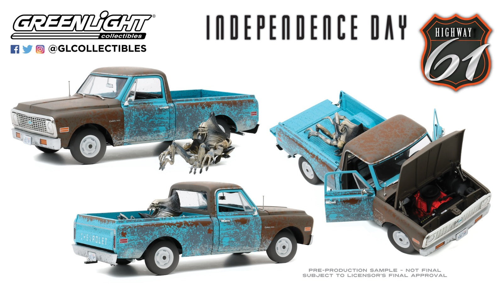 Highway 61 1:18 Independence Day (1996) - 1971 Chevrolet C-10 with Alien Figure HWY-18021