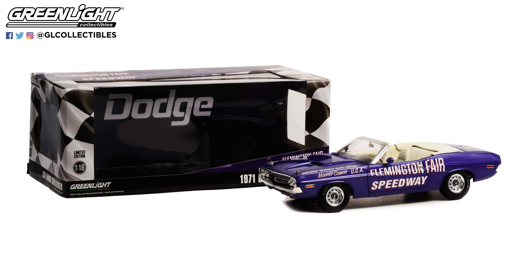 GreenLight 1:18 1971 Dodge Challenger Convertible Flemington Fair Speedway Official Pace Car 13617