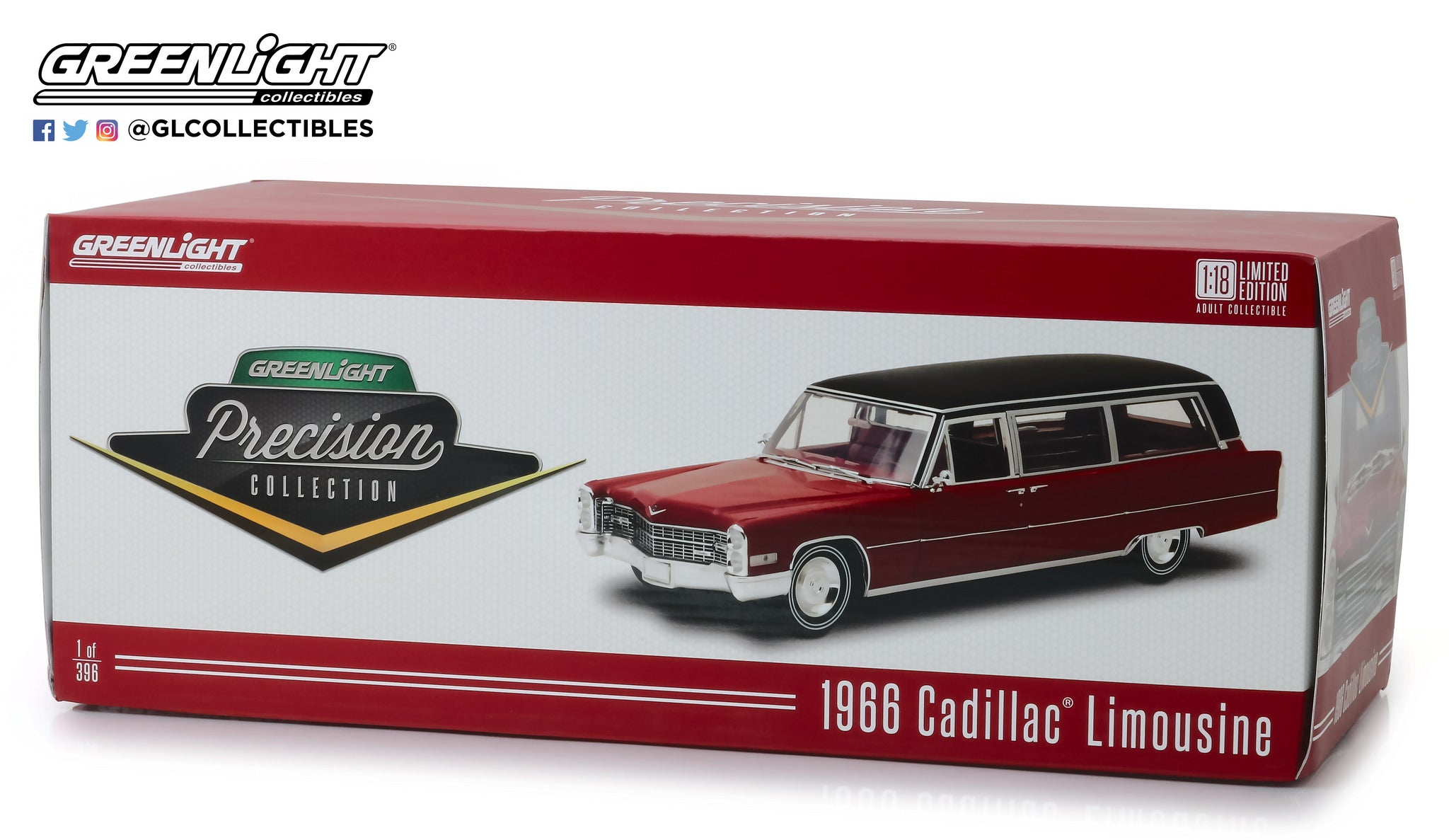 GreenLight 1/18 Precision Collection - 1:18 1966 Cadillac S&S Limousine - Red with Black Vinyl Roof PC-18008