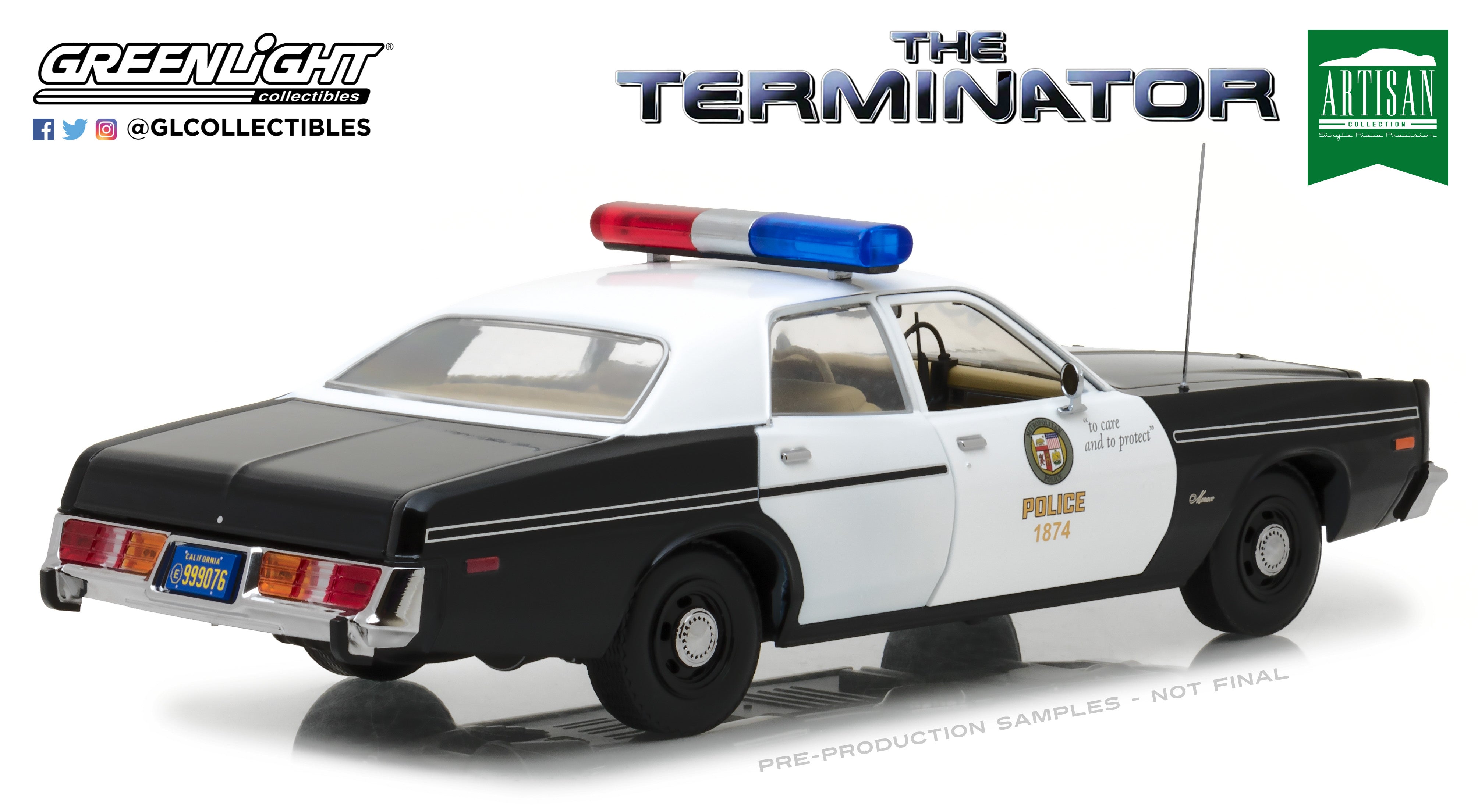 GreenLight 1:18 Artisan Collection - The Terminator (1984) - 1977 Dodge Monaco Metropolitan Police with T-800 Endoskeleton Figure 19042