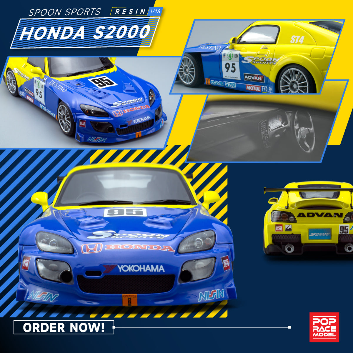 *PREORDER* Pop Race 1/18 Honda S2000 #95 Spoon Sports Racing Livery