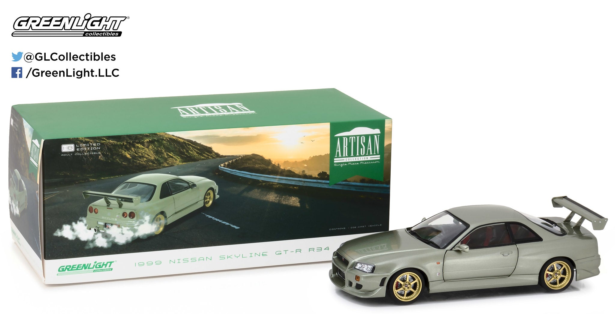 GreenLight 1:18 Artisan Collection - 1999 Nissan Skyline GT-R (R34) - Millennium Jade 19033
