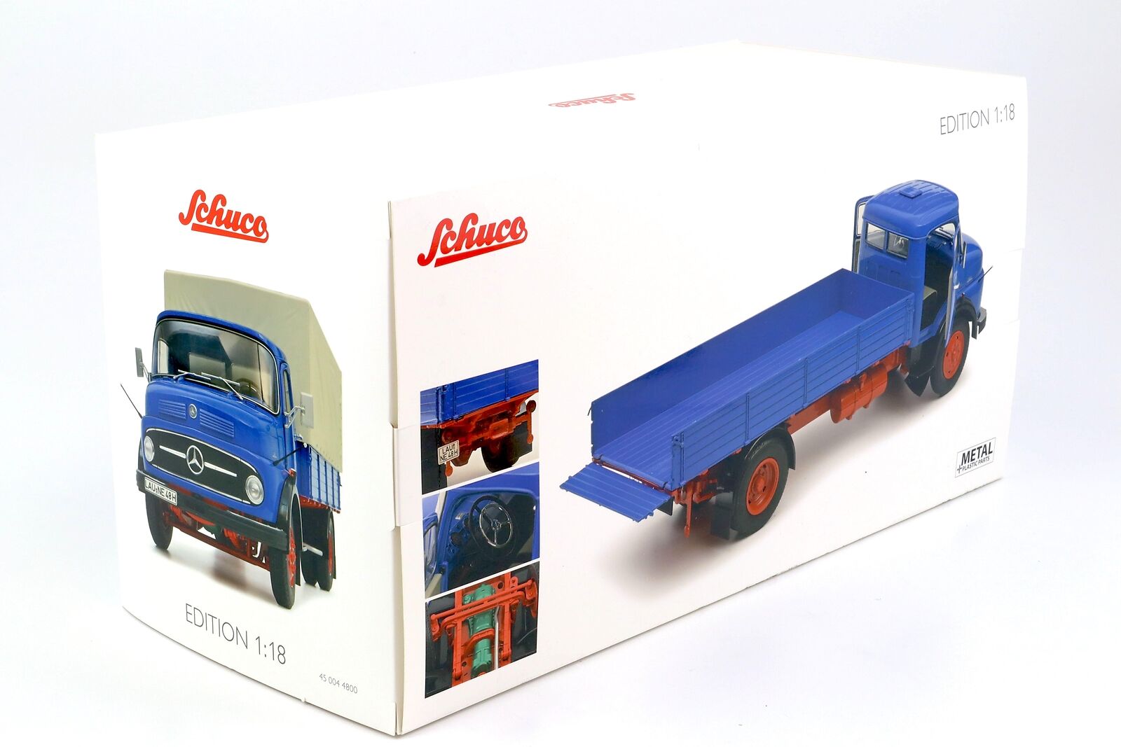 Schuco 1:18 Mercedes-Benz L911 Flatbed + Tarpaulin Truck Blue 450044800