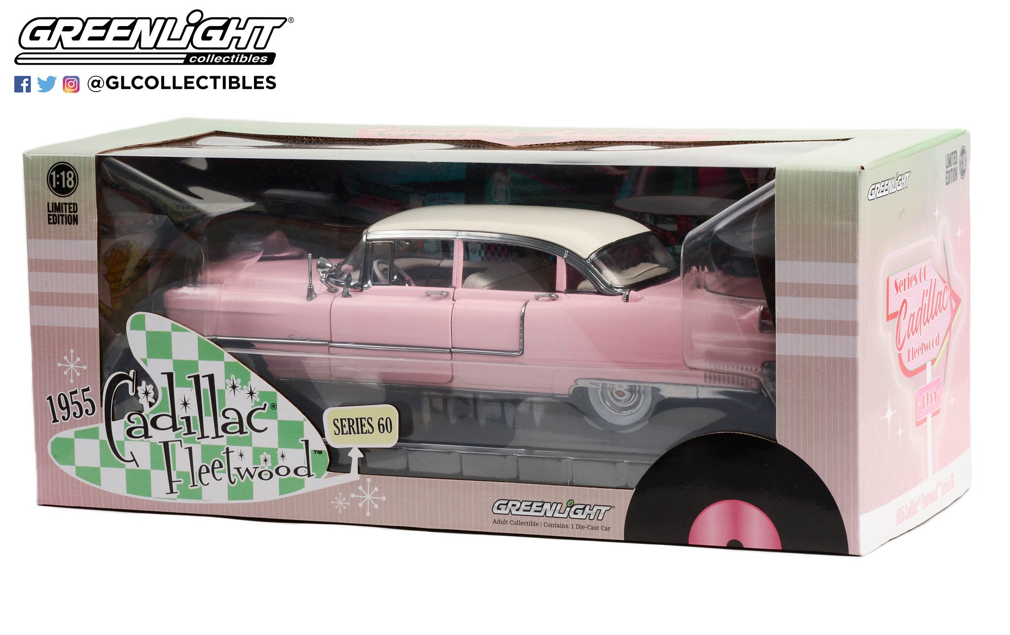 GreenLight 1:18 1955 Cadillac Fleetwood Series 60 - Pink with White Roof 13648