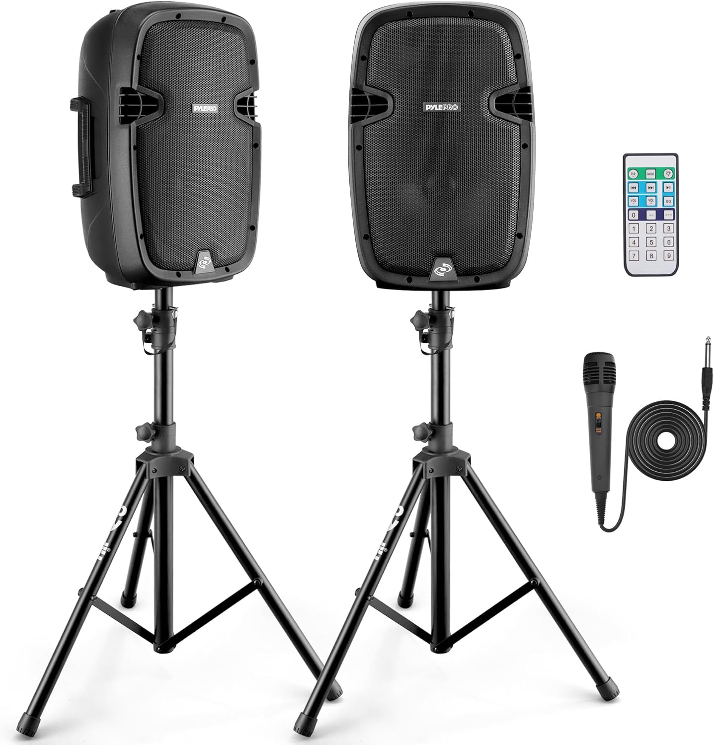 Pyle Powered Bluetooth PA Speaker Kit - Event Ready - Just Plug In and Play Active and Passive 350w Loudspeakers with Wired Microphone, Speaker Stands, Remote - MP3/USB/SD/AUX inputs - PPHP849KT
