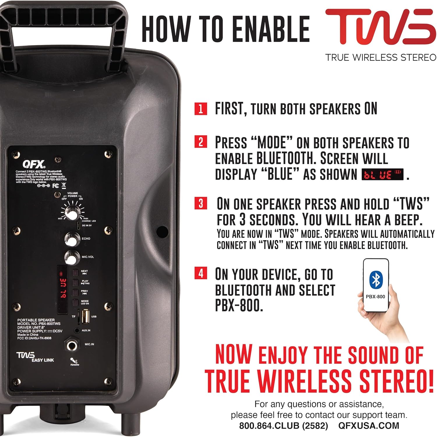 QFX PBX-800TWS 8-Inch TWS Bluetooth Stereo PA System with 2 8