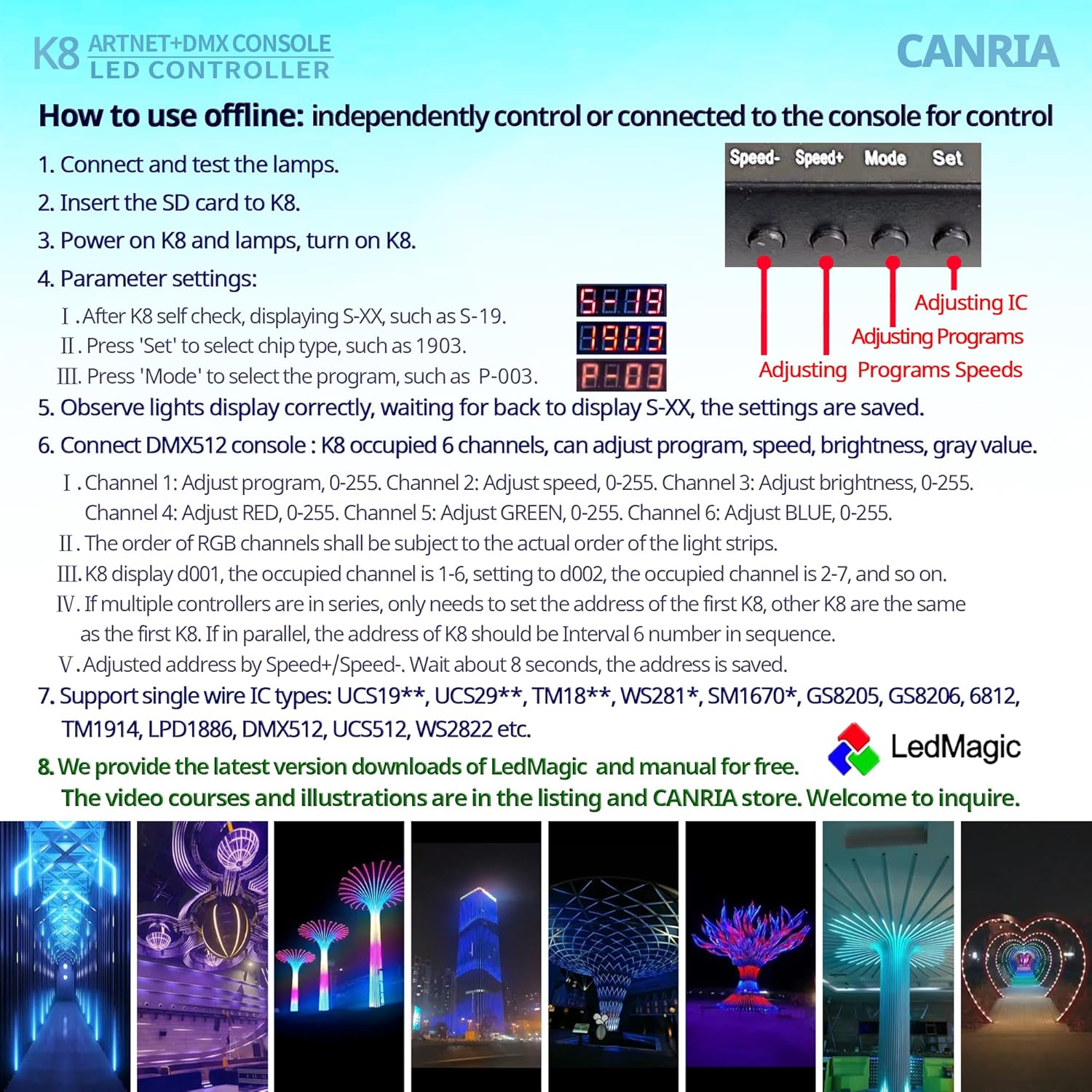 K8 ARTNET+DMX CONSOLE LED CONTROLLER, Suitable for SPI and DMX512 LED Light, Online Offline, Addressable Programmable, 1G SD Card With 96 Program Modes and Offline Software.