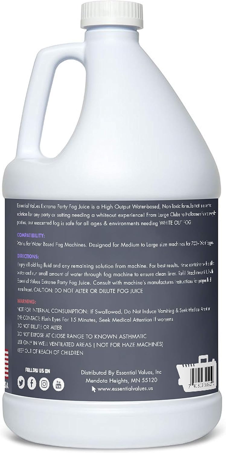 Essential Values Fog Machine Liquid - Long-Lasting Fog Juice for Smoke Machine Extreme High-Density, 32oz/Quart – Manufactured in USA – Water Based Foggers 700+ Watt Machines