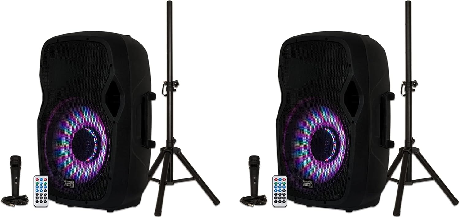 Acoustic Audio by Goldwood 1000W Bluetooth Speaker w/ Flashing LED, Large Plug-In PA System w/ Stand, Mic, & Remote for Karaoke, DJ, or Tailgate Party