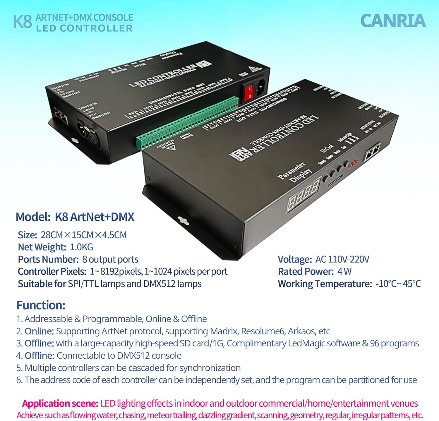 K8 ARTNET+DMX CONSOLE LED CONTROLLER, Suitable for SPI and DMX512 LED Light, Online Offline, Addressable Programmable, 1G SD Card With 96 Program Modes and Offline Software.