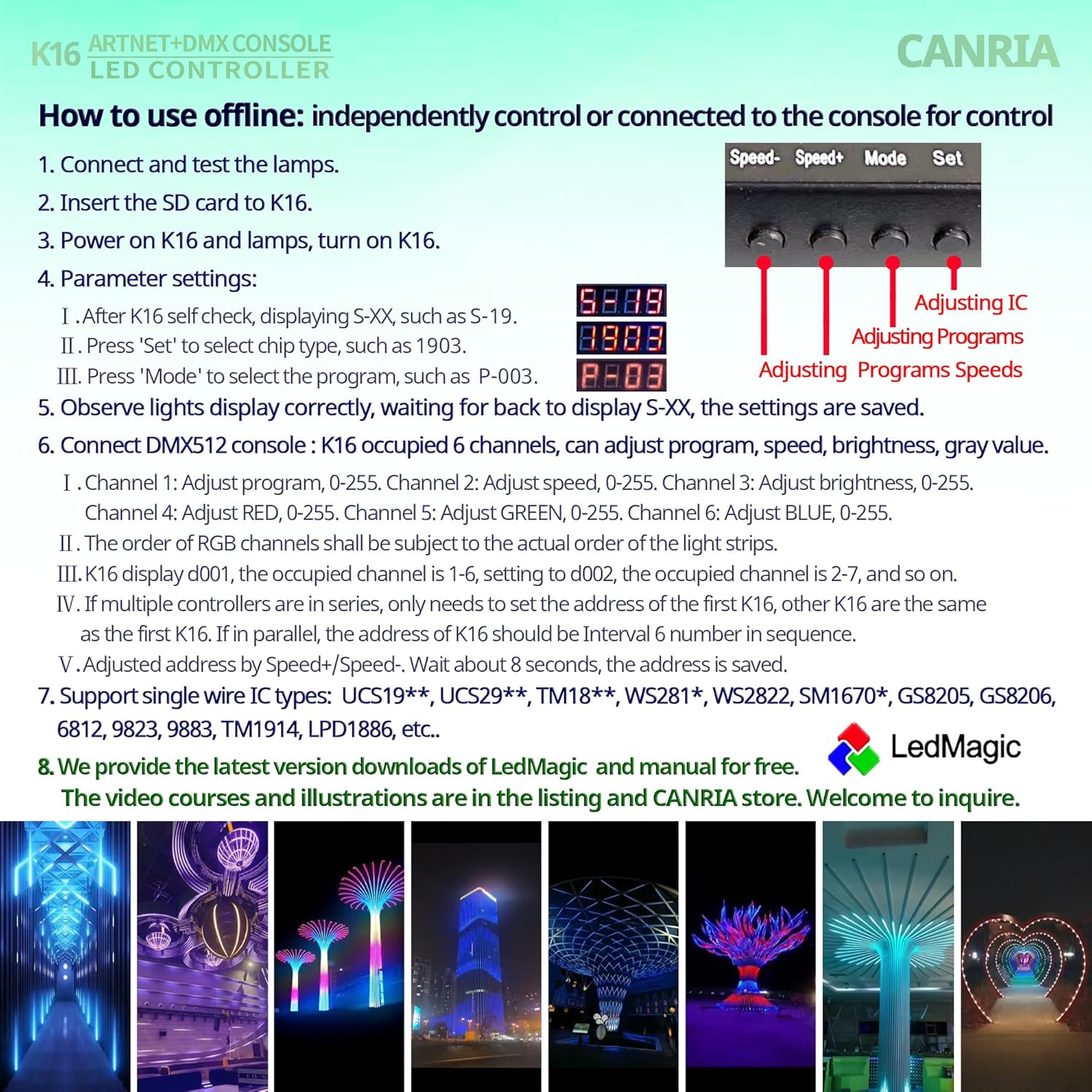 K8 ARTNET+DMX CONSOLE LED CONTROLLER, Suitable for SPI and DMX512 LED Light, Online Offline, Addressable Programmable, 1G SD Card With 96 Program Modes and Offline Software.