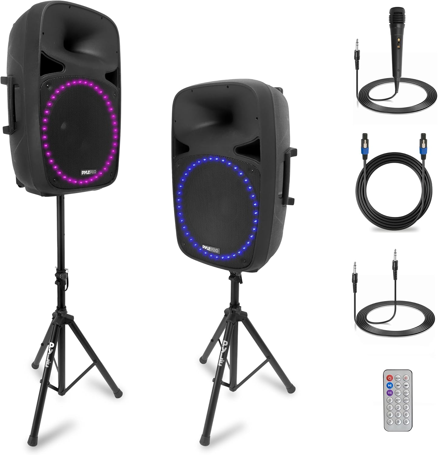 Pyle Powered Bluetooth PA Speaker Kit - Event Ready - Just Plug In and Play Active and Passive 350w Loudspeakers with Wired Microphone, Speaker Stands, Remote - MP3/USB/SD/AUX inputs - PPHP849KT