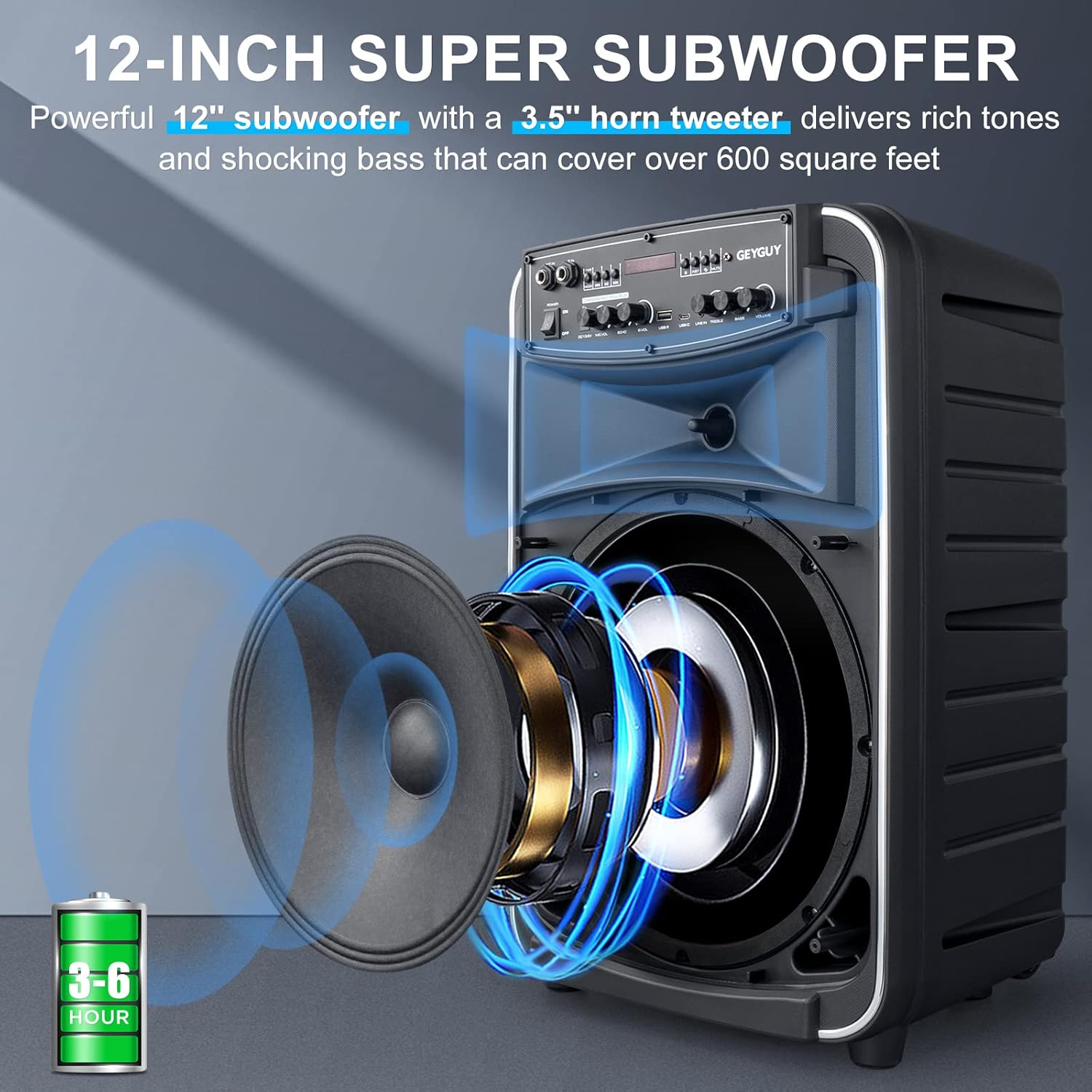 GTSK12-2 Portable Bluetooth PA Speaker System - 12'' Subwoofer, UHF Wireless Mics, TWS Stereo Pairing, USB-C/MP3/SD/FM/AUX, Rechargeable Battery, Rolling Wheels for Party, Events