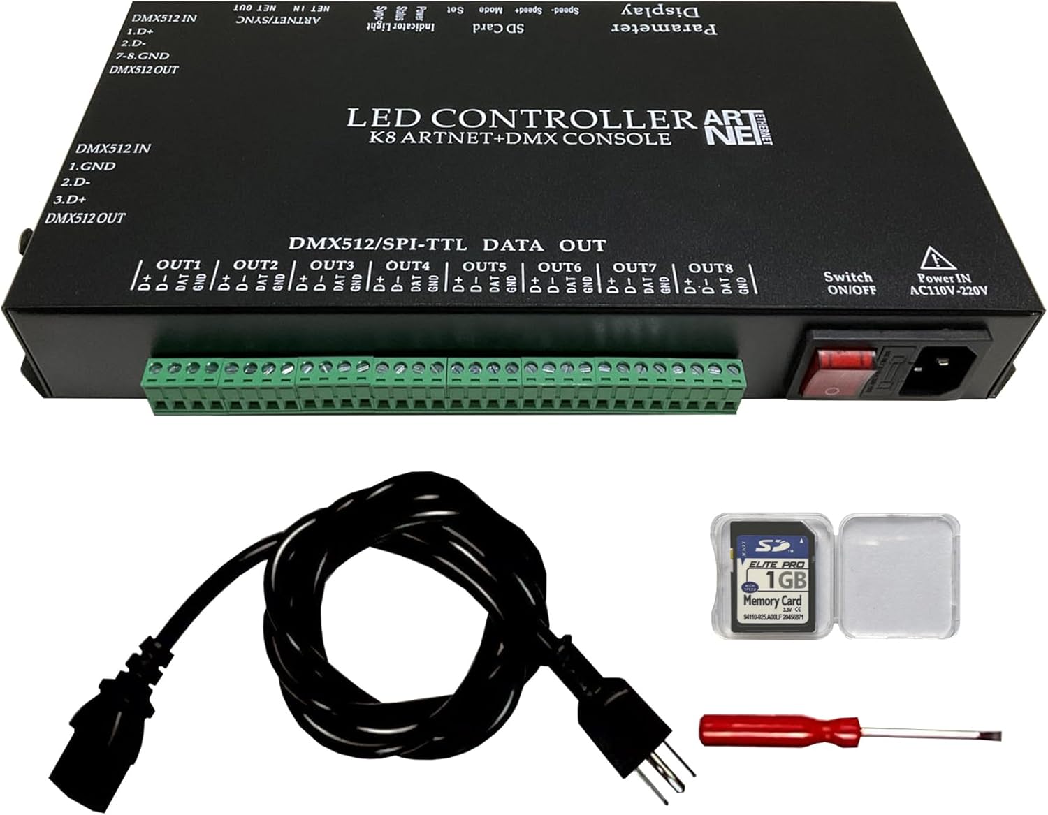 K8 ARTNET+DMX CONSOLE LED CONTROLLER, Suitable for SPI and DMX512 LED Light, Online Offline, Addressable Programmable, 1G SD Card With 96 Program Modes and Offline Software.
