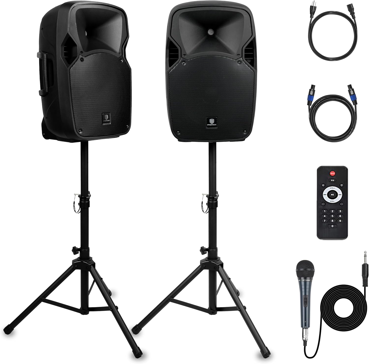 PRORECK Party 12 12-Inch 1000 Watts 2-Way Powered PA Speaker System Combo Set with Bluetooth/USB Drive Read Function/SD Card Reader/FM Radio/Remote Control/Speaker Stand