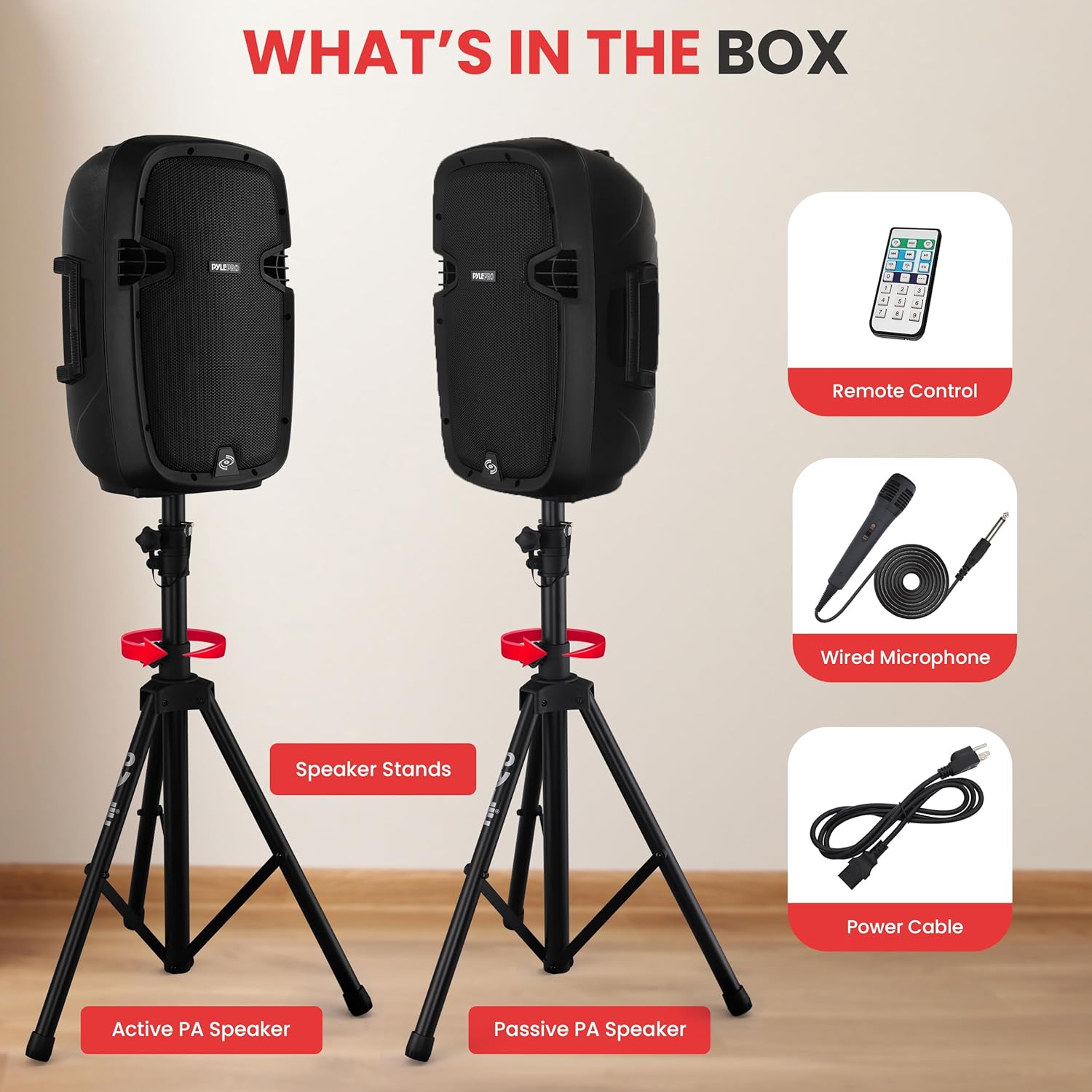 Pyle Powered Bluetooth PA Speaker Kit - Event Ready - Just Plug In and Play Active and Passive 350w Loudspeakers with Wired Microphone, Speaker Stands, Remote - MP3/USB/SD/AUX inputs - PPHP849KT