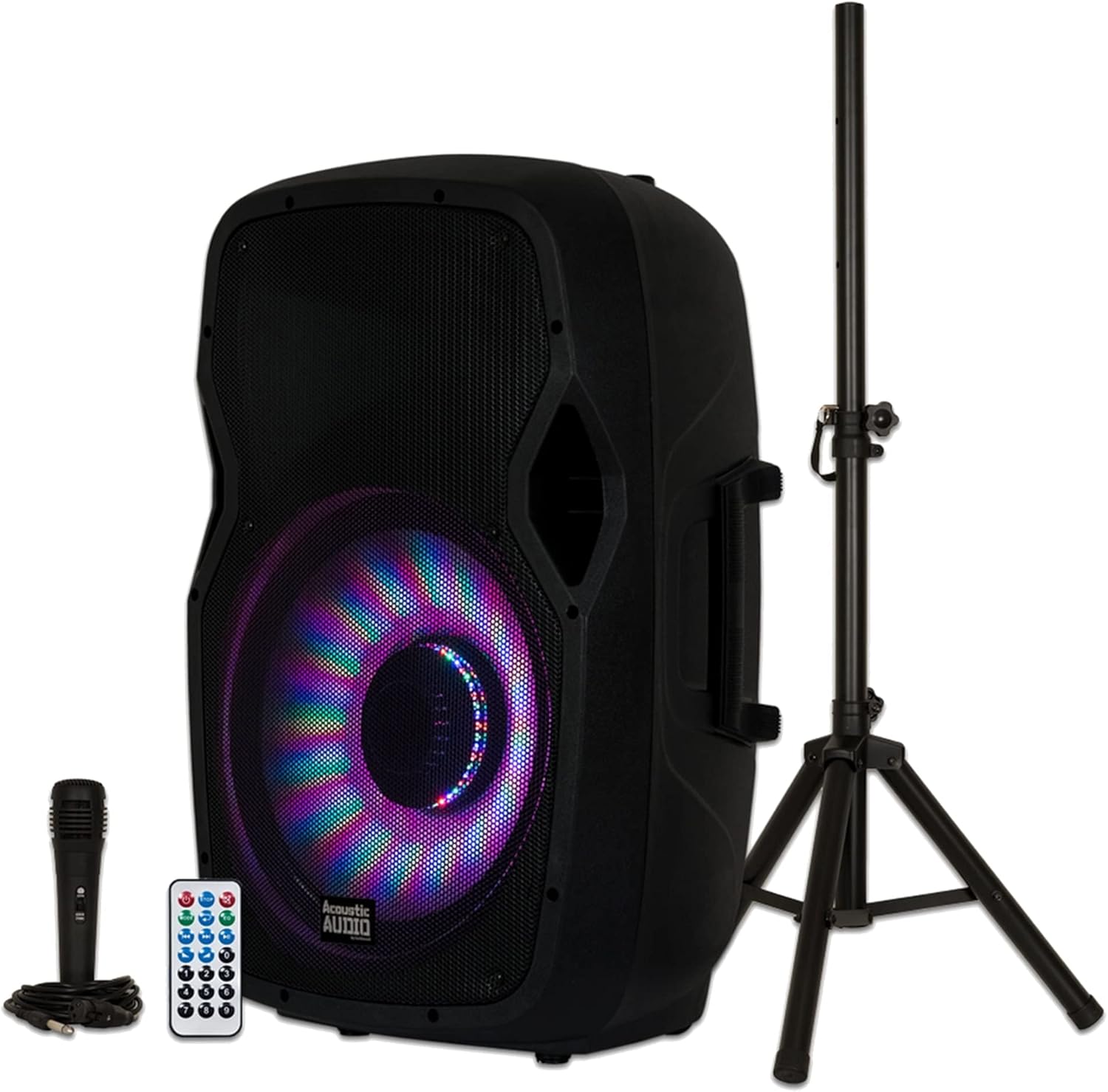 Acoustic Audio by Goldwood 1000W Bluetooth Speaker w/ Flashing LED, Large Plug-In PA System w/ Stand, Mic, & Remote for Karaoke, DJ, or Tailgate Party