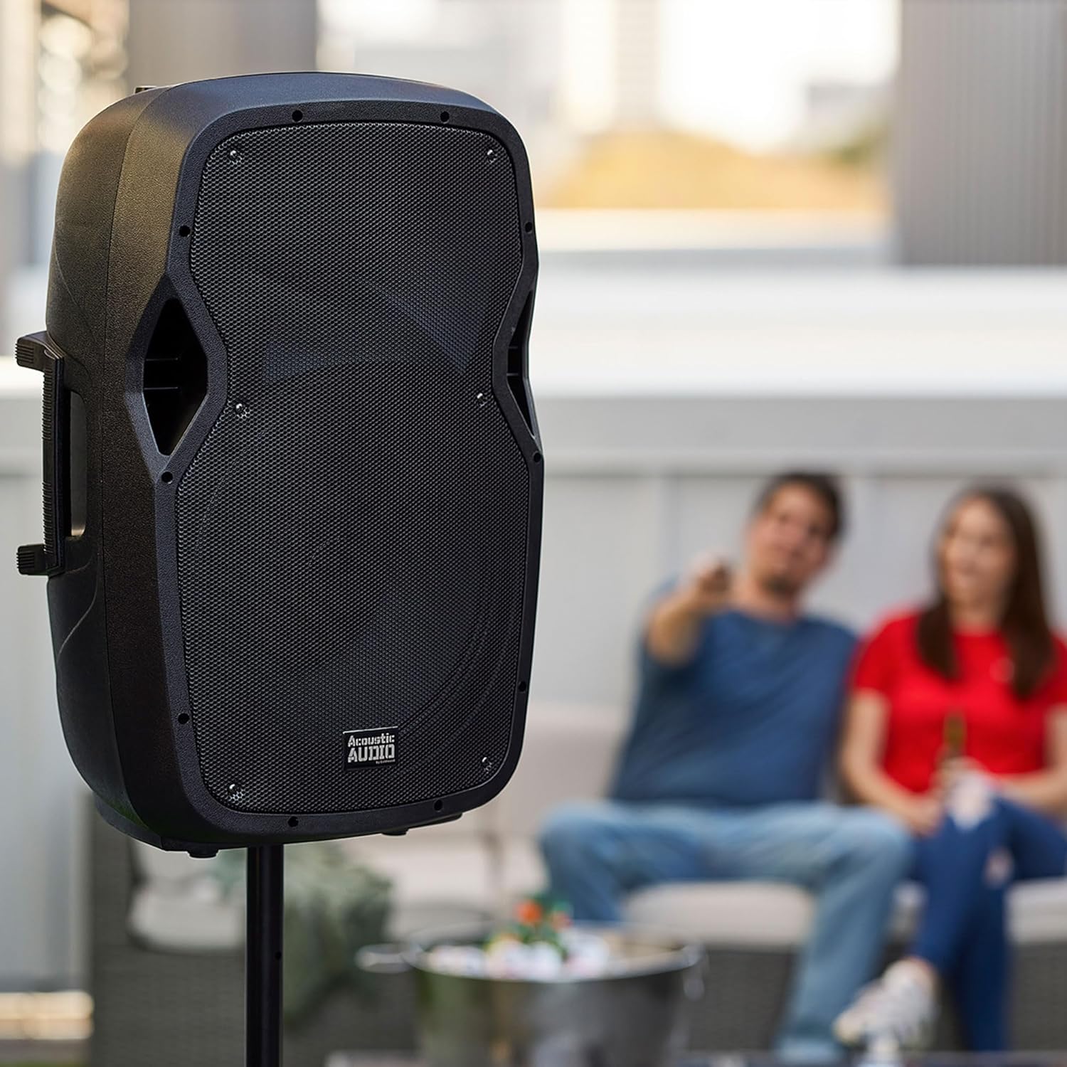 Acoustic Audio by Goldwood 1000W Bluetooth Speaker w/ Flashing LED, Large Plug-In PA System w/ Stand, Mic, & Remote for Karaoke, DJ, or Tailgate Party