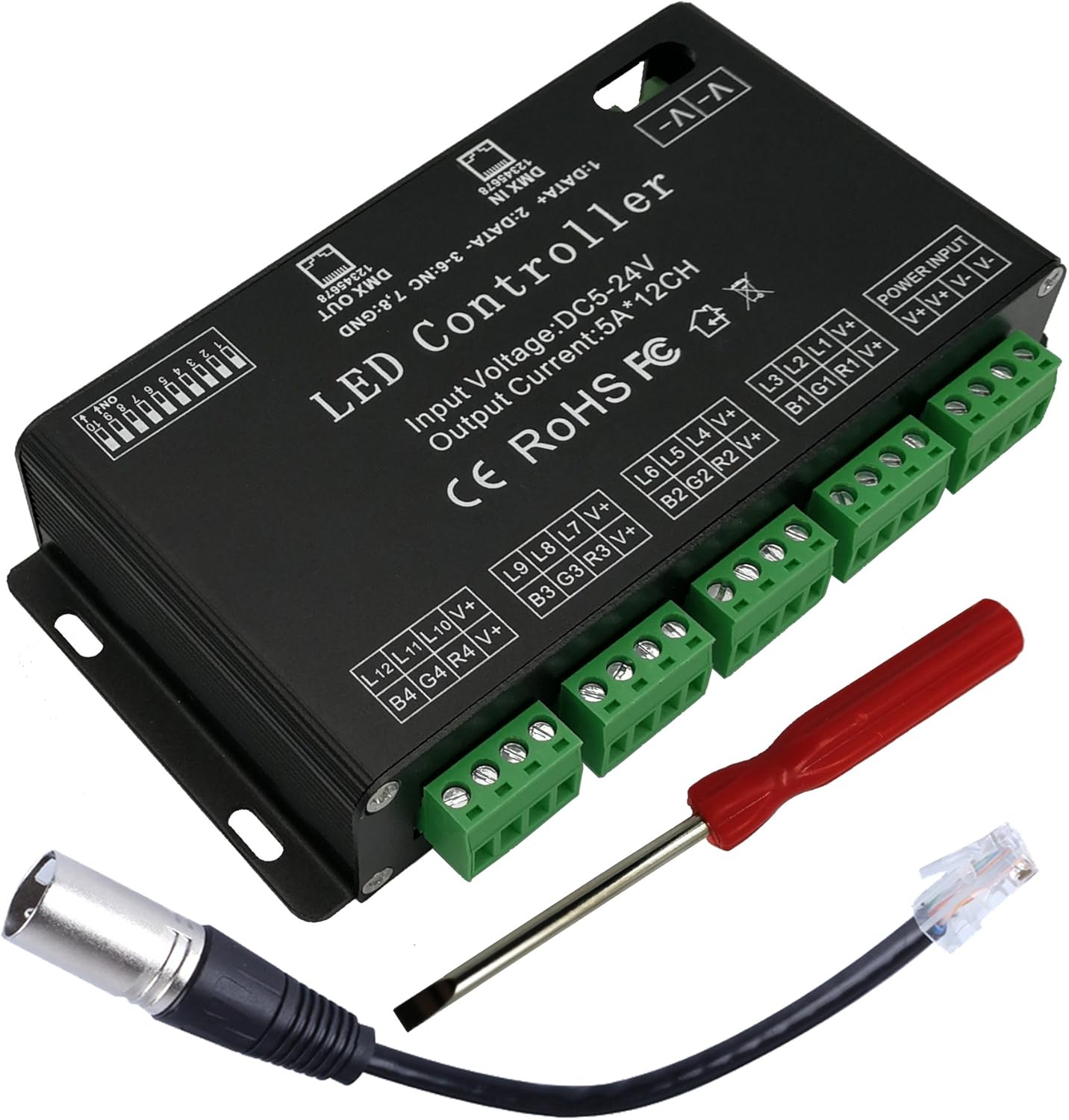 GIDERWEL 12 Channel DMX Decoder RGB Controller 60A PWM DMX512 Dimmer Driver for RGB Light Strip and LED Module Light DC12V-24V
