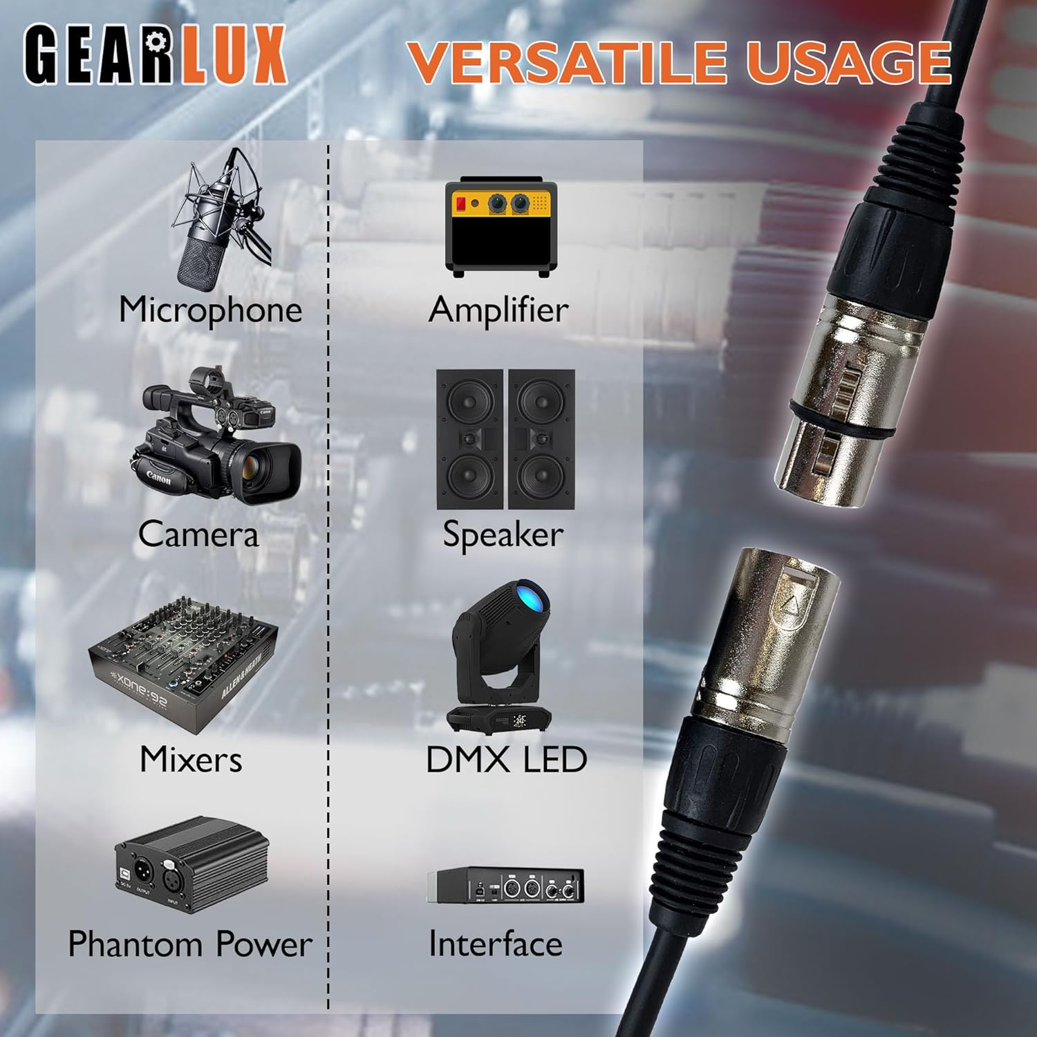Gearlux DMX Cable, 3 Pin, Male to Female, 25 Feet - 2 Pack