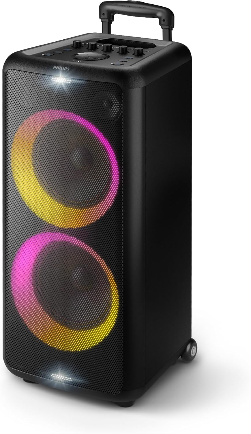 PHILIPS X3206 Bluetooth Party Speaker with Deep bass, Up to 14 Hours Battery, Party Lights and Karaoke Effects, Microphone and Guitar Input, Audio-in, USB Charging, Built-in Trolley, TAX3206