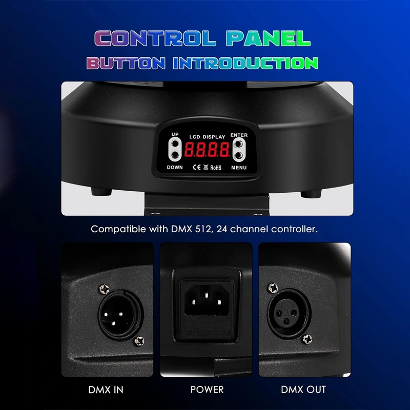 150W RGBW Moving Head DJ Light with 6 Arms, Sound-Activated DMX Bee-Eye Effect