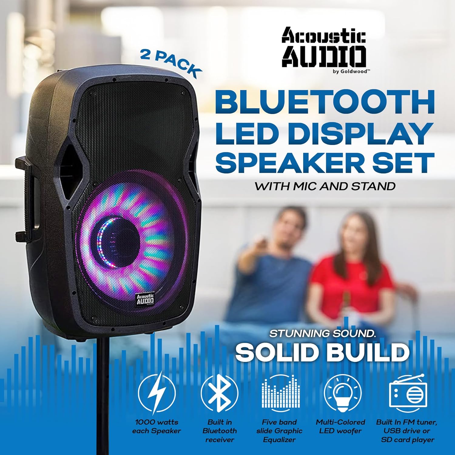 Acoustic Audio by Goldwood 1000W Bluetooth Speaker w/ Flashing LED, Large Plug-In PA System w/ Stand, Mic, & Remote for Karaoke, DJ, or Tailgate Party
