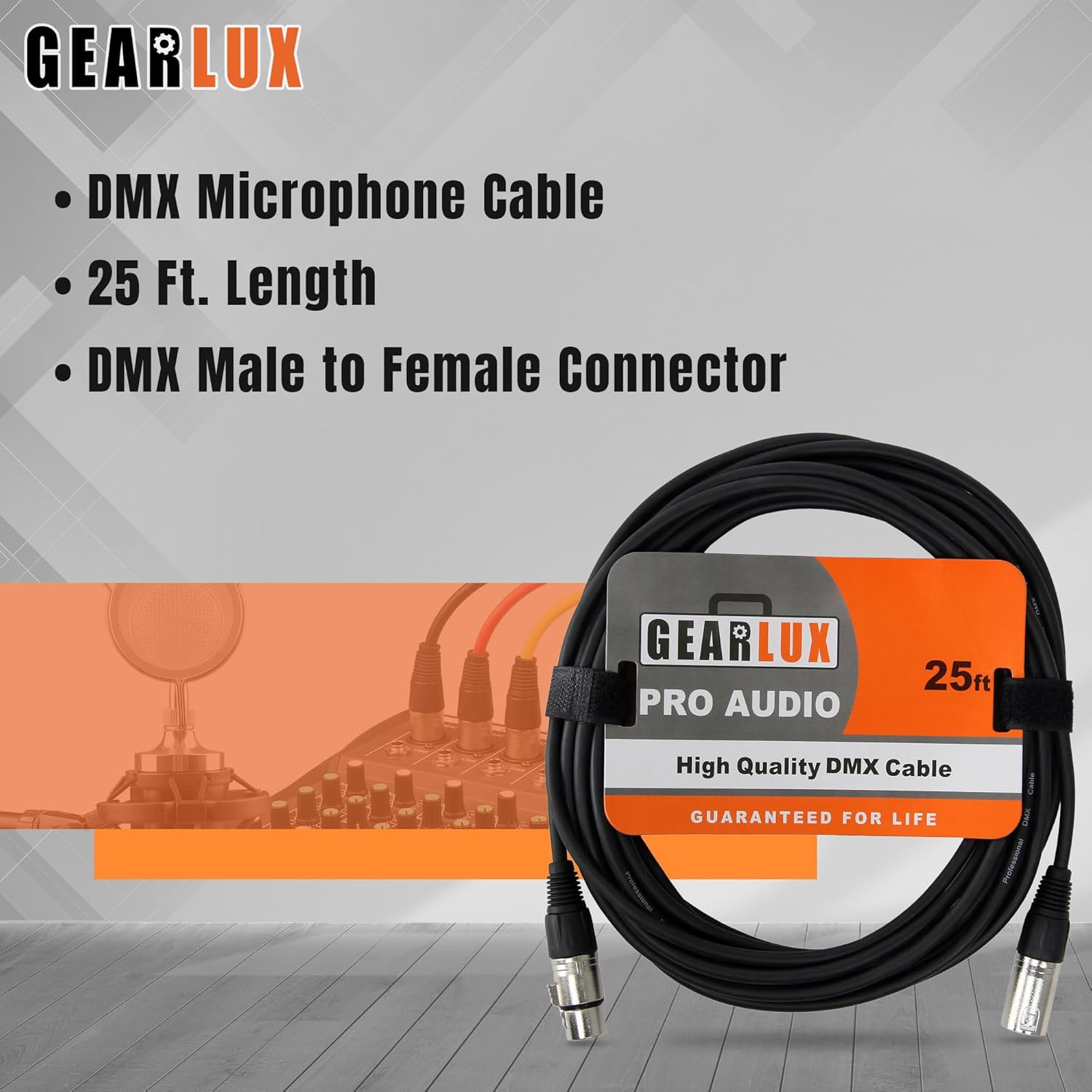 Gearlux DMX Cable, 3 Pin, Male to Female, 25 Feet - 2 Pack