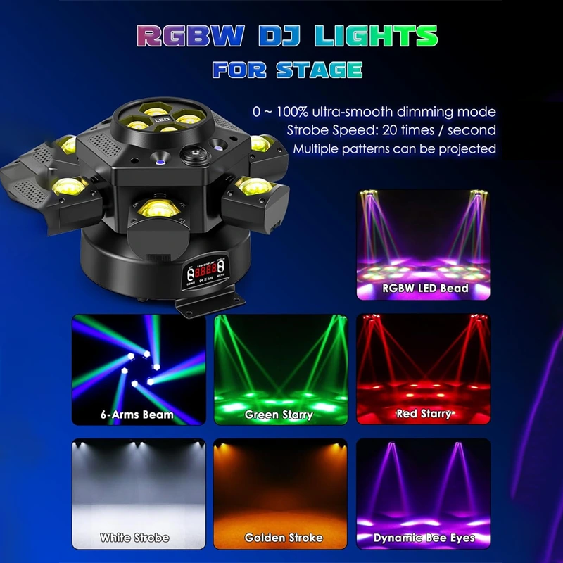 150W RGBW Moving Head DJ Light with 6 Arms, Sound-Activated DMX Bee-Eye Effect
