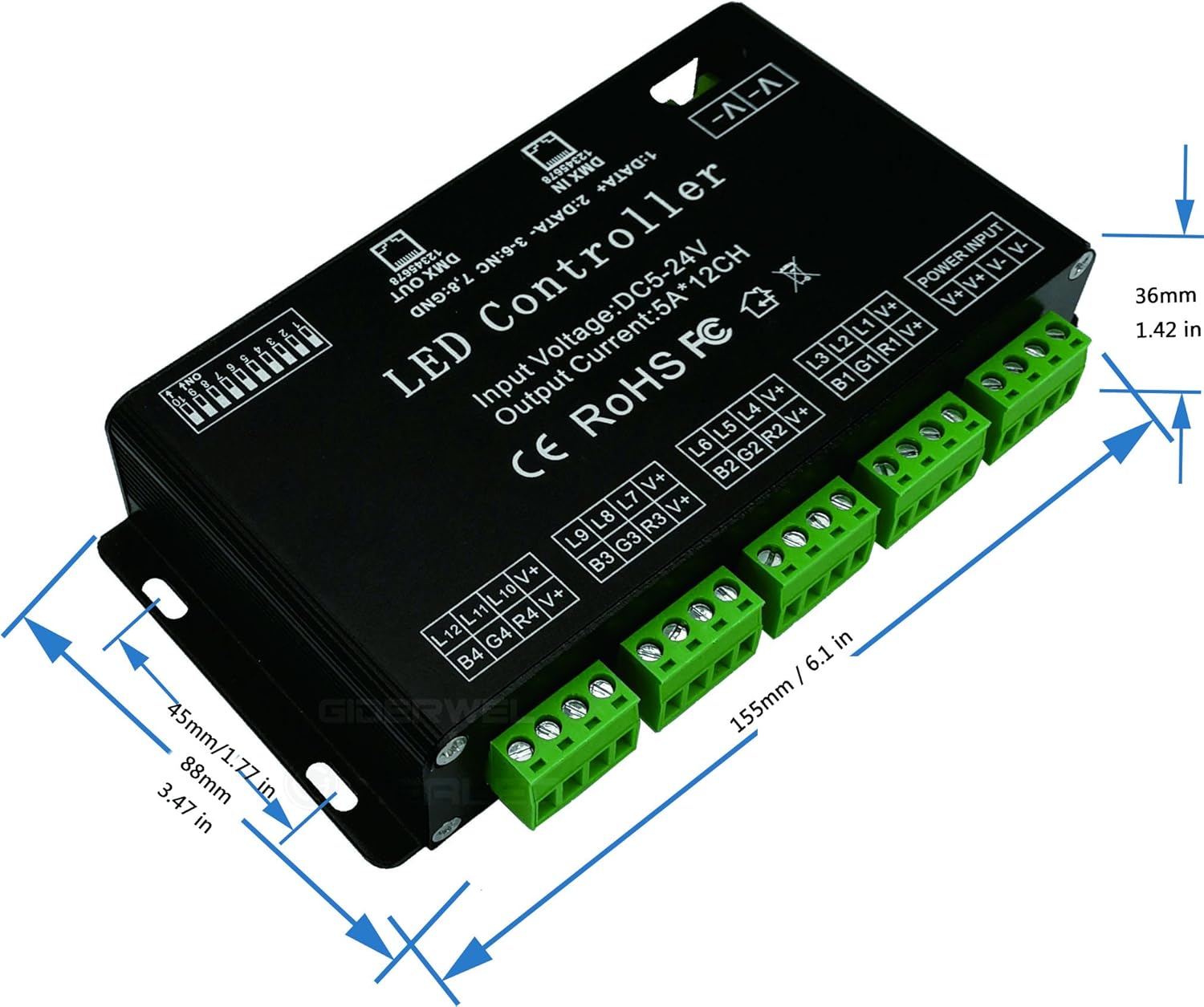 GIDERWEL 12 Channel DMX Decoder RGB Controller 60A PWM DMX512 Dimmer Driver for RGB Light Strip and LED Module Light DC12V-24V