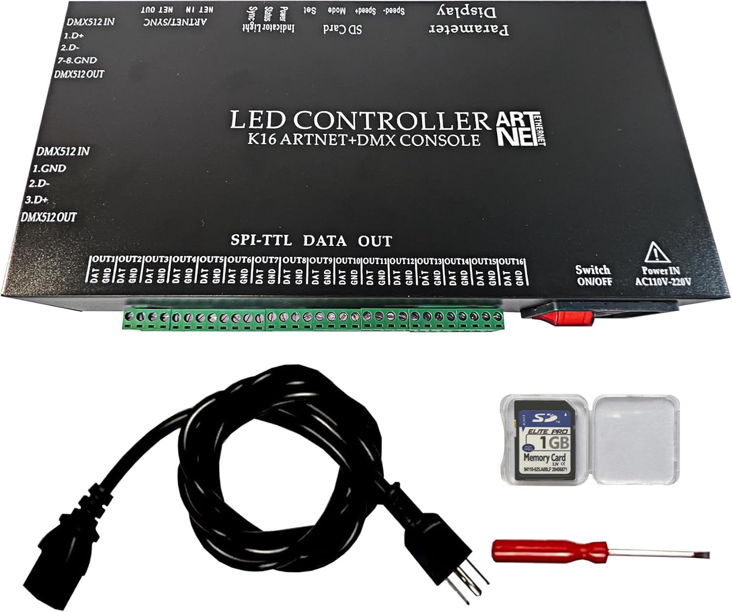 K8 ARTNET+DMX CONSOLE LED CONTROLLER, Suitable for SPI and DMX512 LED Light, Online Offline, Addressable Programmable, 1G SD Card With 96 Program Modes and Offline Software.