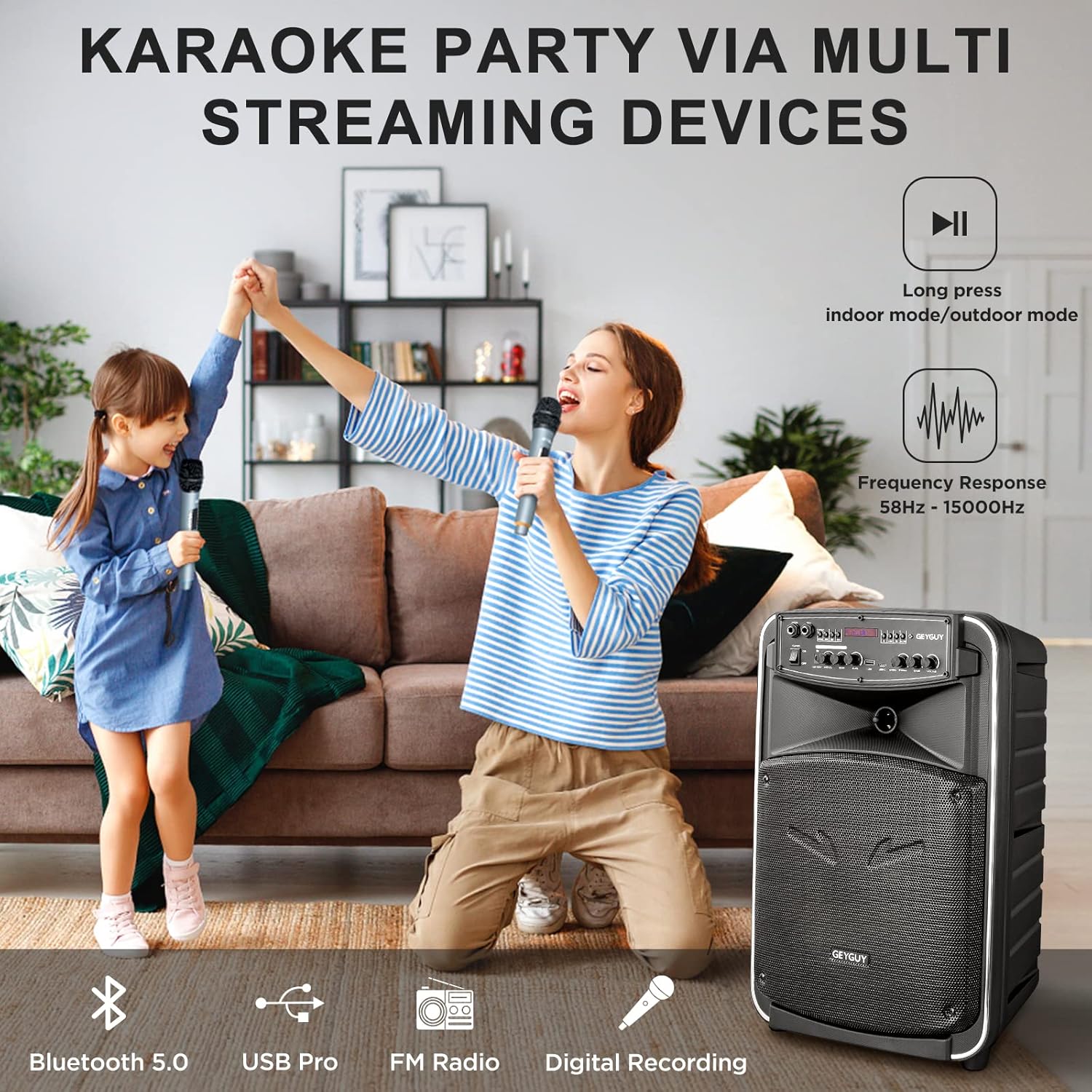 GTSK12-2 Portable Bluetooth PA Speaker System - 12'' Subwoofer, UHF Wireless Mics, TWS Stereo Pairing, USB-C/MP3/SD/FM/AUX, Rechargeable Battery, Rolling Wheels for Party, Events