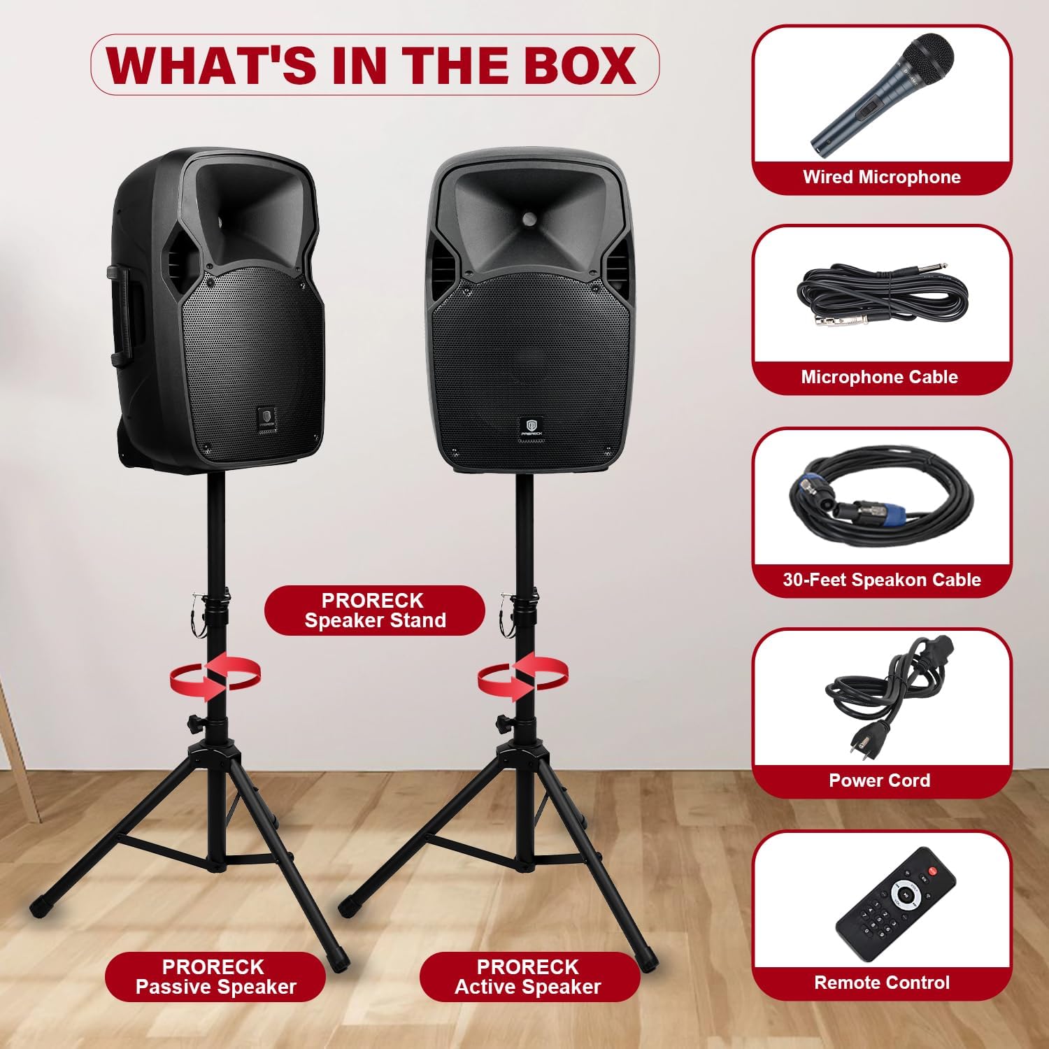 PRORECK Party 12 12-Inch 1000 Watts 2-Way Powered PA Speaker System Combo Set with Bluetooth/USB Drive Read Function/SD Card Reader/FM Radio/Remote Control/Speaker Stand