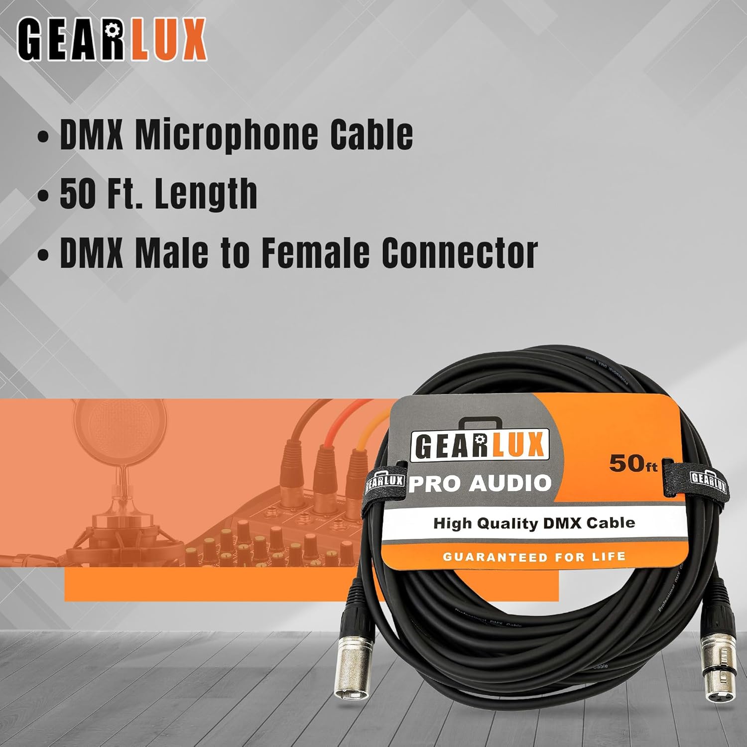 Gearlux DMX Cable, 3 Pin, Male to Female, 25 Feet - 2 Pack