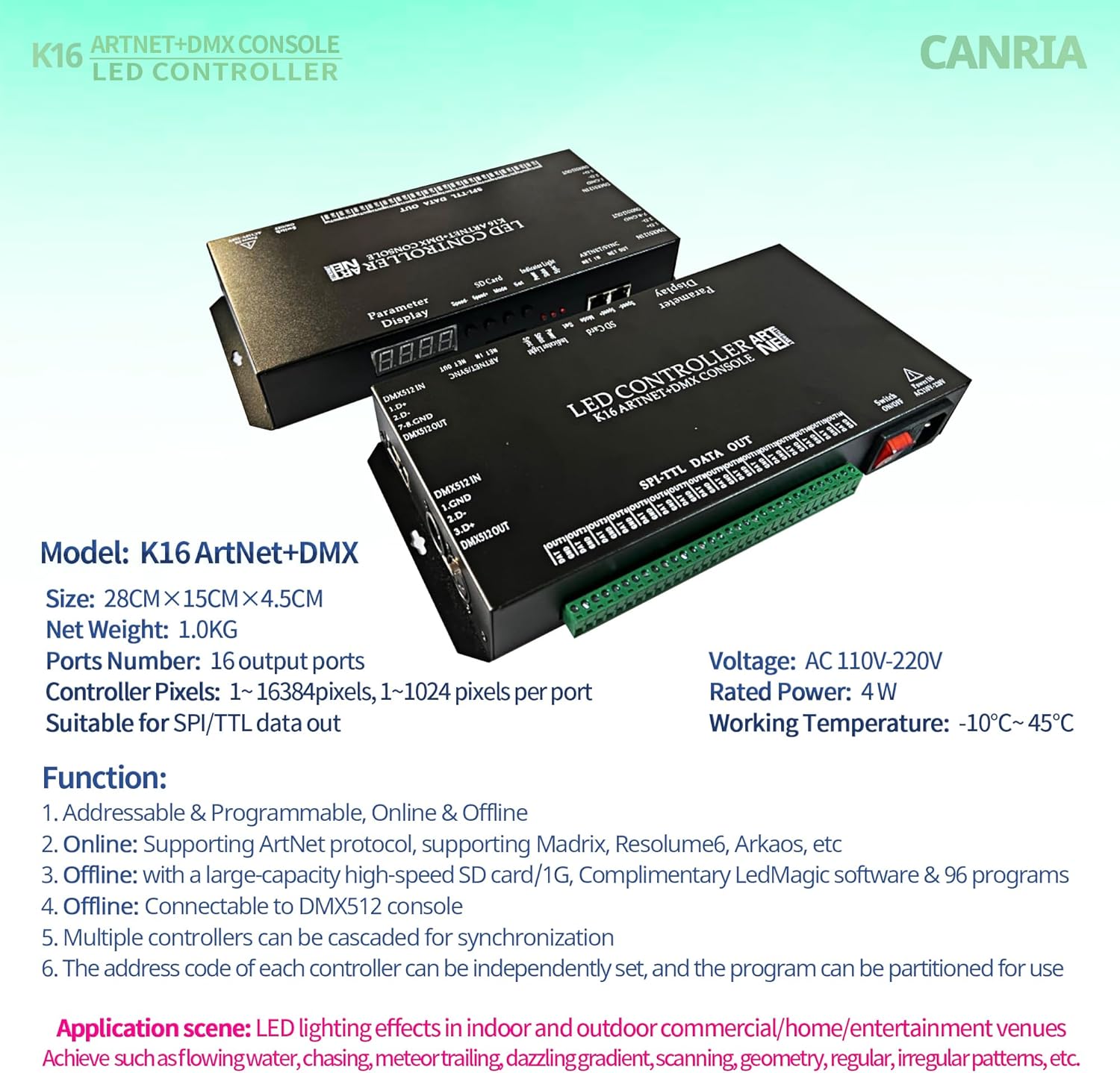 K8 ARTNET+DMX CONSOLE LED CONTROLLER, Suitable for SPI and DMX512 LED Light, Online Offline, Addressable Programmable, 1G SD Card With 96 Program Modes and Offline Software.