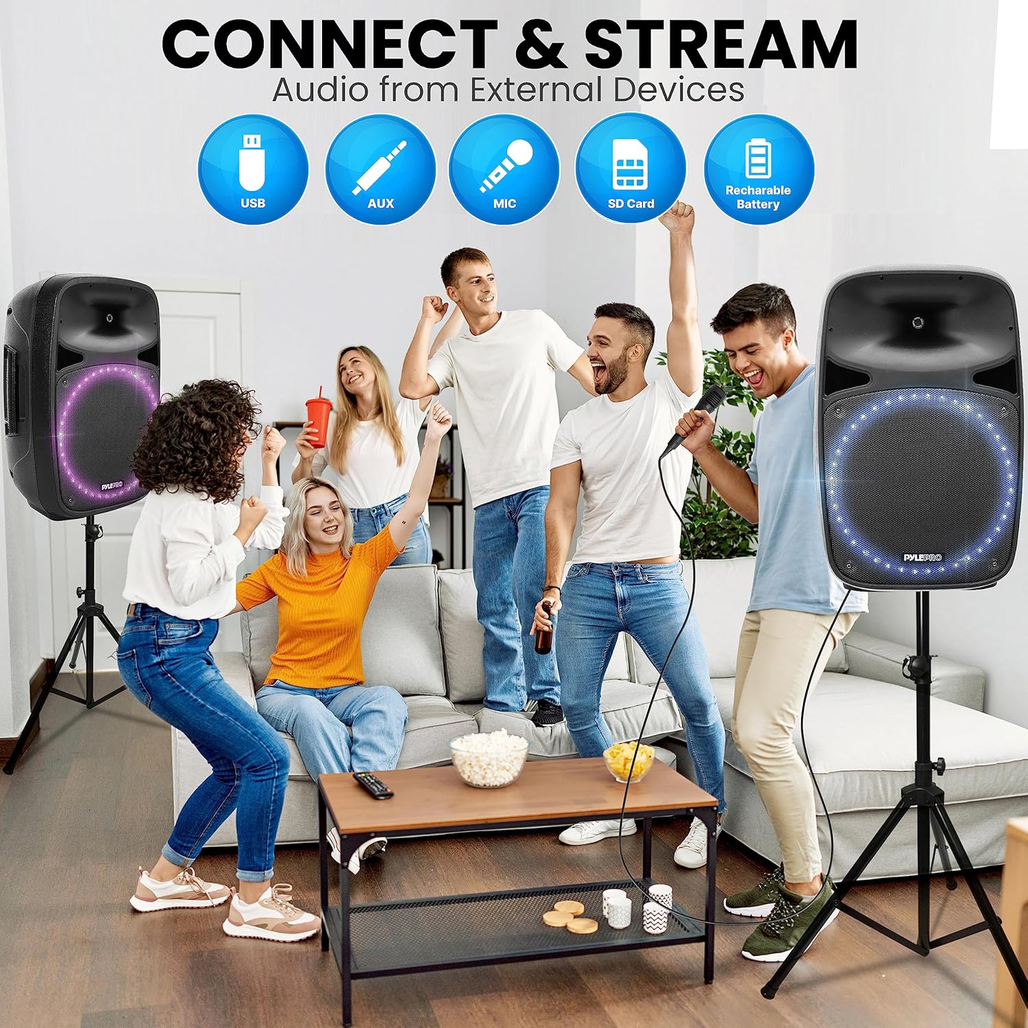 Pyle Powered Bluetooth PA Speaker Kit - Event Ready - Just Plug In and Play Active and Passive 350w Loudspeakers with Wired Microphone, Speaker Stands, Remote - MP3/USB/SD/AUX inputs - PPHP849KT
