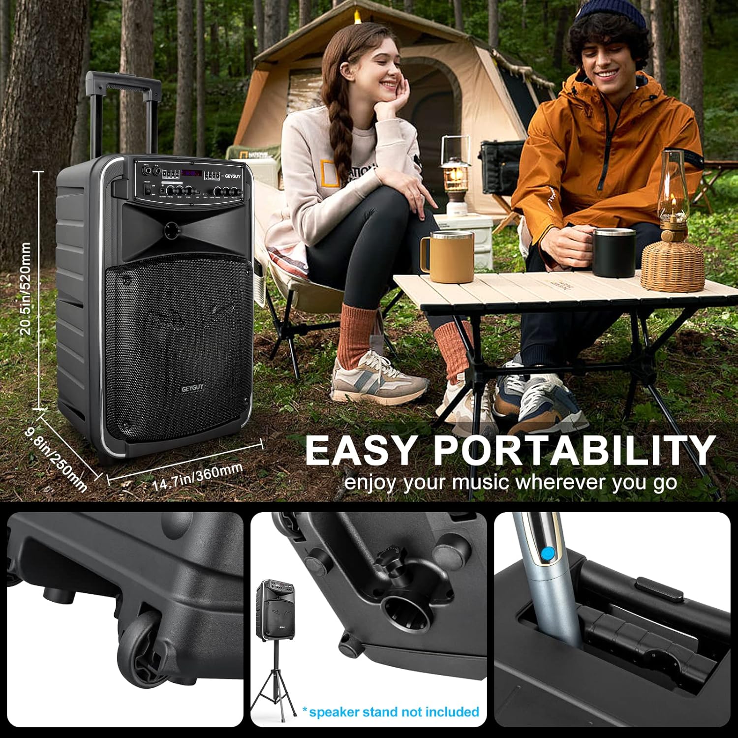 GTSK12-2 Portable Bluetooth PA Speaker System - 12'' Subwoofer, UHF Wireless Mics, TWS Stereo Pairing, USB-C/MP3/SD/FM/AUX, Rechargeable Battery, Rolling Wheels for Party, Events