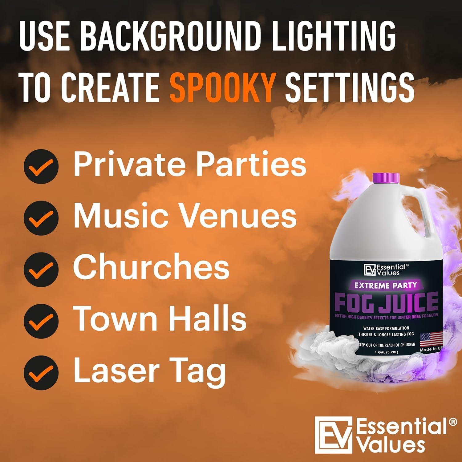 Essential Values Fog Machine Liquid - Long-Lasting Fog Juice for Smoke Machine Extreme High-Density, 32oz/Quart – Manufactured in USA – Water Based Foggers 700+ Watt Machines