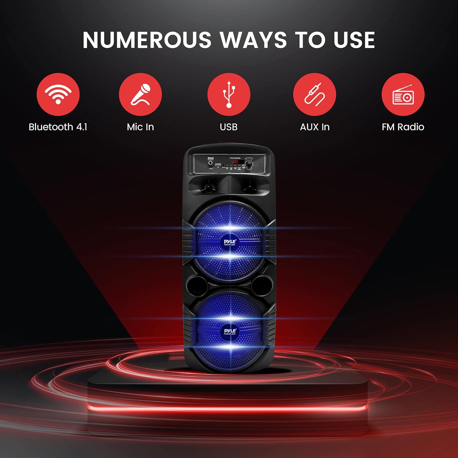 Pyle Portable Bluetooth PA Speaker System - 600W Rechargeable Outdoor Bluetooth Speaker Portable PA System w/ Dual 8” Subwoofer 1” Tweeter, Microphone In, Party Lights, USB, Radio, Remote - PPHP2835B