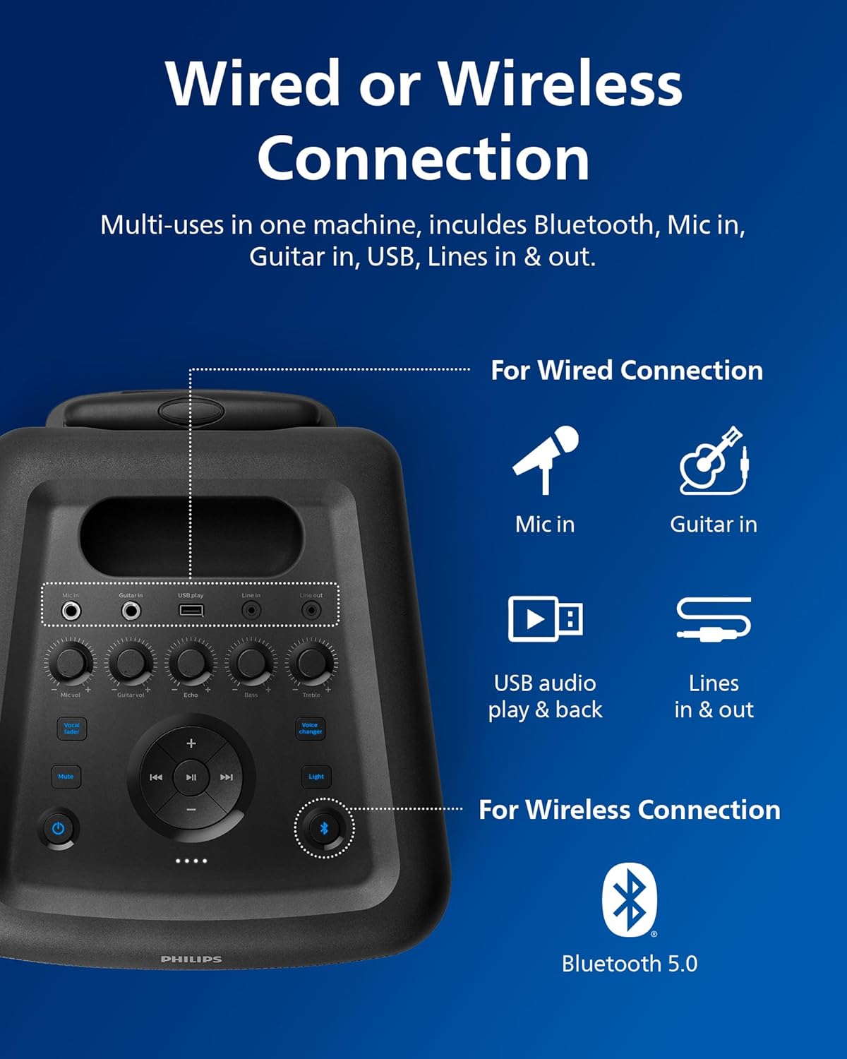 PHILIPS X3206 Bluetooth Party Speaker with Deep bass, Up to 14 Hours Battery, Party Lights and Karaoke Effects, Microphone and Guitar Input, Audio-in, USB Charging, Built-in Trolley, TAX3206
