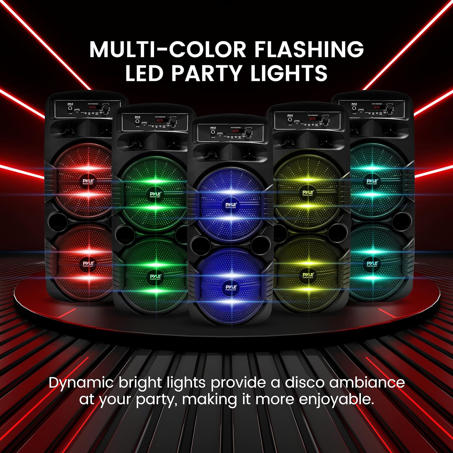 Pyle Portable Bluetooth PA Speaker System - 600W Rechargeable Outdoor Bluetooth Speaker Portable PA System w/ Dual 8” Subwoofer 1” Tweeter, Microphone In, Party Lights, USB, Radio, Remote - PPHP2835B